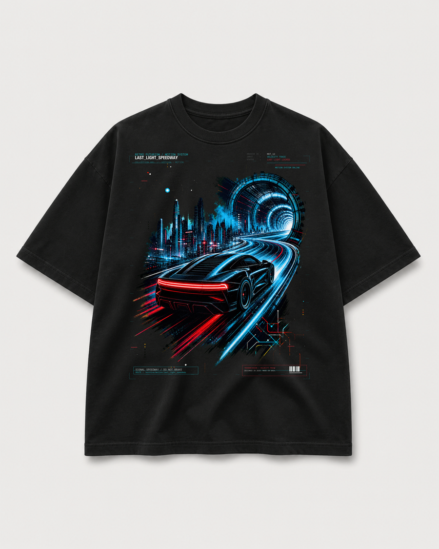Last Light Speedway Tee black MOTION archive graphic tee with futuristic neon speedway car artwork