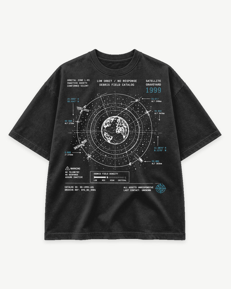Satellite Graveyard Tee shadow SYSTEMS archive graphic tee with orbital debris and satellite linework
