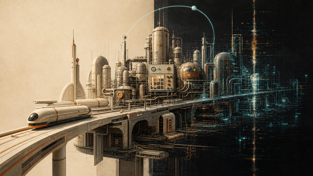 An imagined retro-futurist city shifting from a warm streamlined vision into a cool analog-digital afterimage.