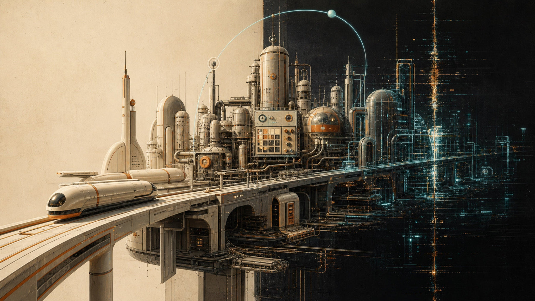 An imagined retro-futurist city shifting from a warm streamlined vision into a cool analog-digital afterimage.