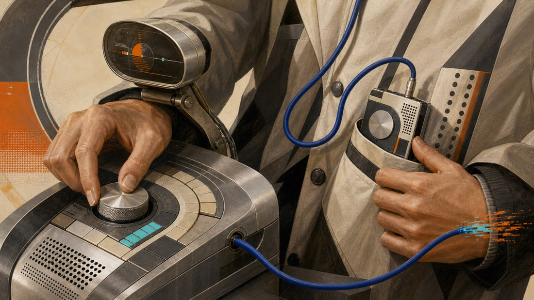Two hands operate a tactile retro-futurist console linked by a cobalt cable to a portable media module in a geometric jacket.