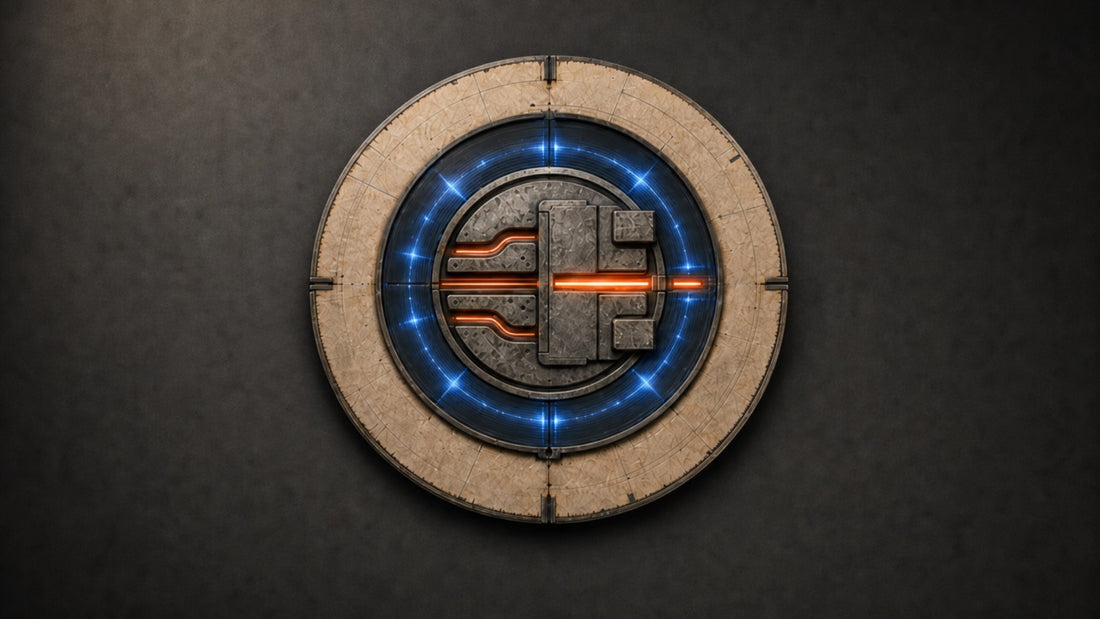 A layered circular artifact of cream paper, grooved blue polymer, and oxidized metal routes one broad orange channel through a central gate while two narrower channels stop against it.