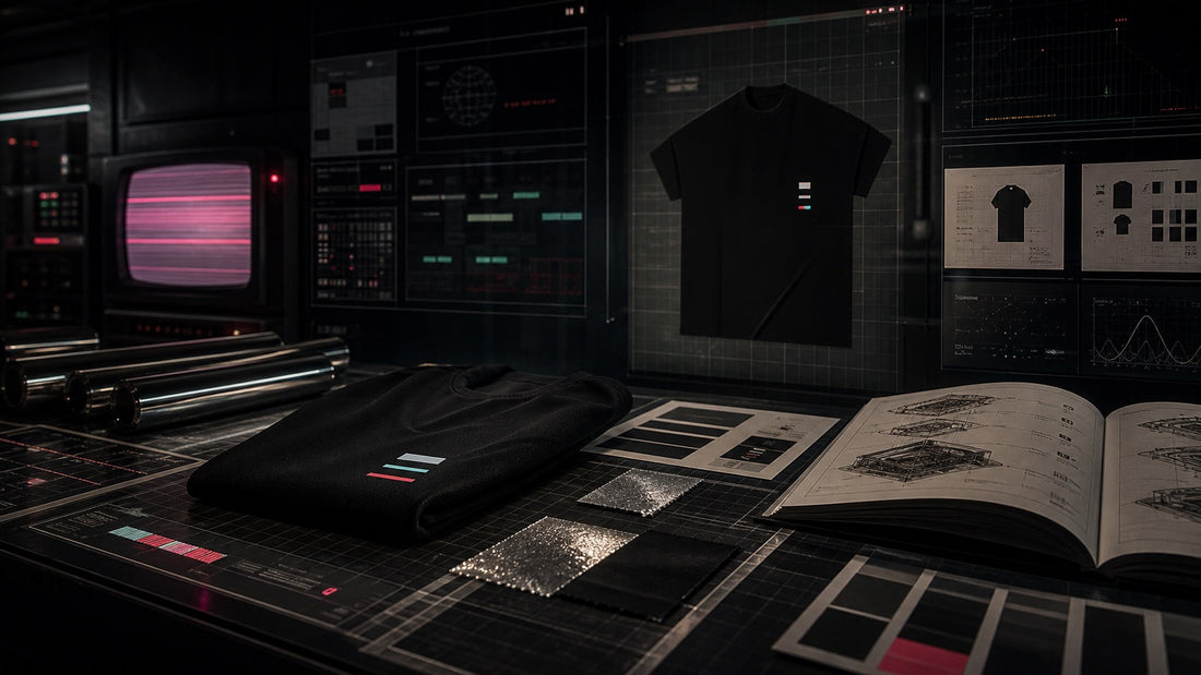 Dark archive workbench with black apparel, chrome material samples, CRT glow, and design schematics