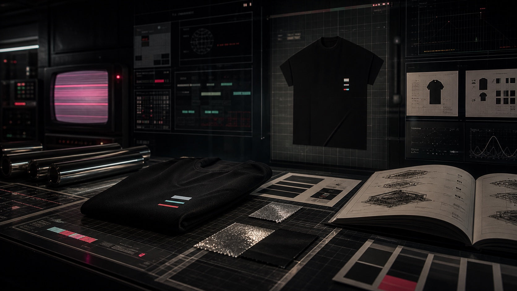 Dark archive workbench with black apparel, chrome material samples, CRT glow, and design schematics
