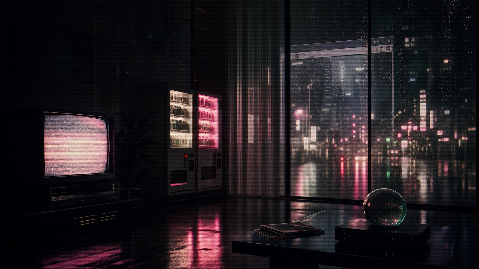 Late-night interior with CRT glow, vending machines, rain glass, and blurred city lights