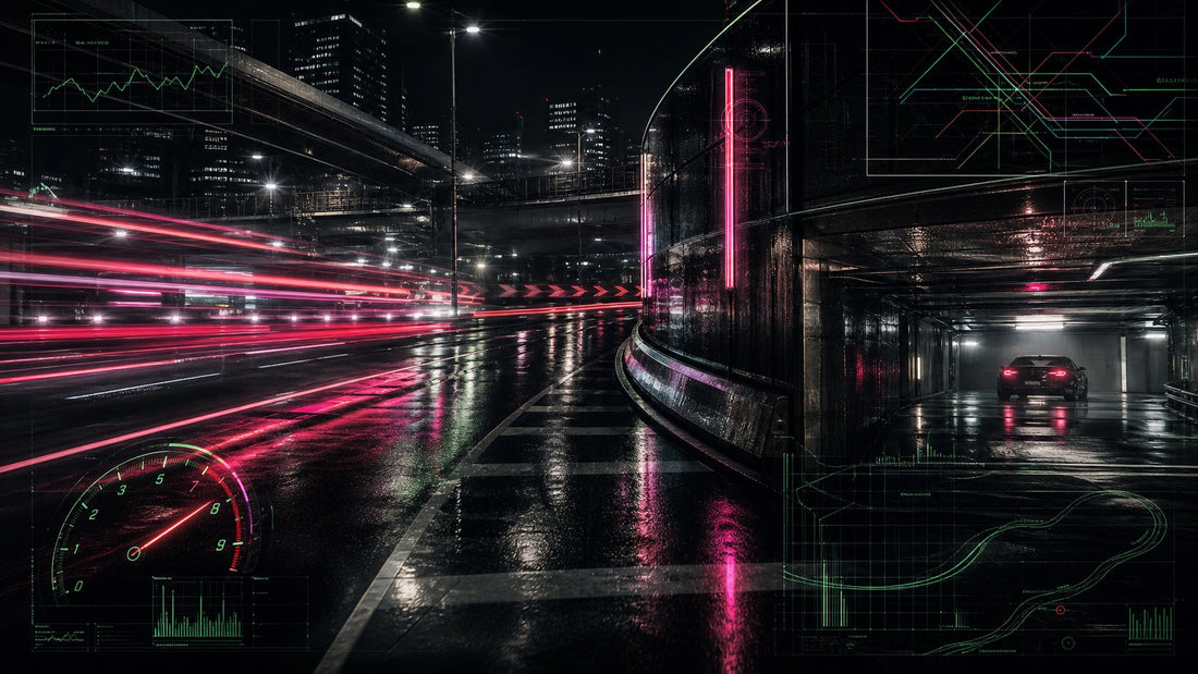 Wet neon expressway and underground garage with light trails and telemetry overlays
