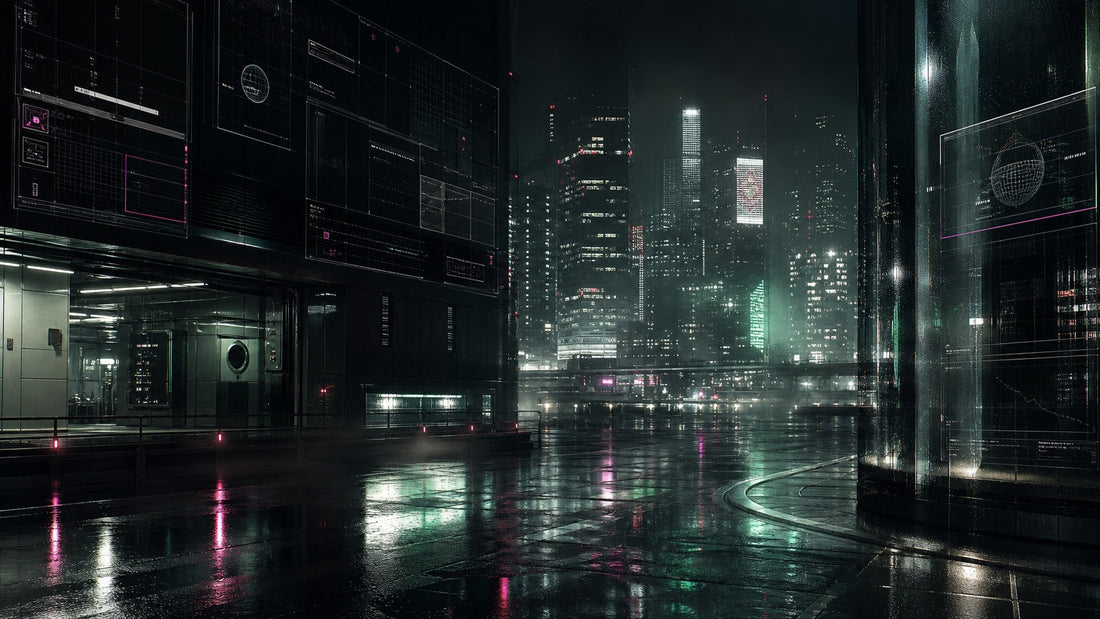 Rain-soaked alternate timeline city archive with translucent interface panels