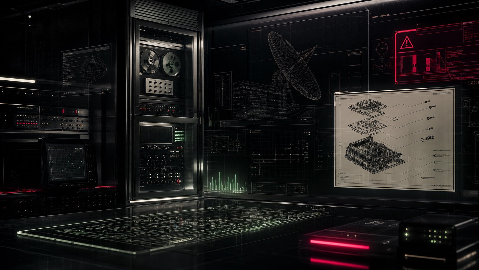 Dark technology archive with chrome hardware, satellite schematics, and interface overlays