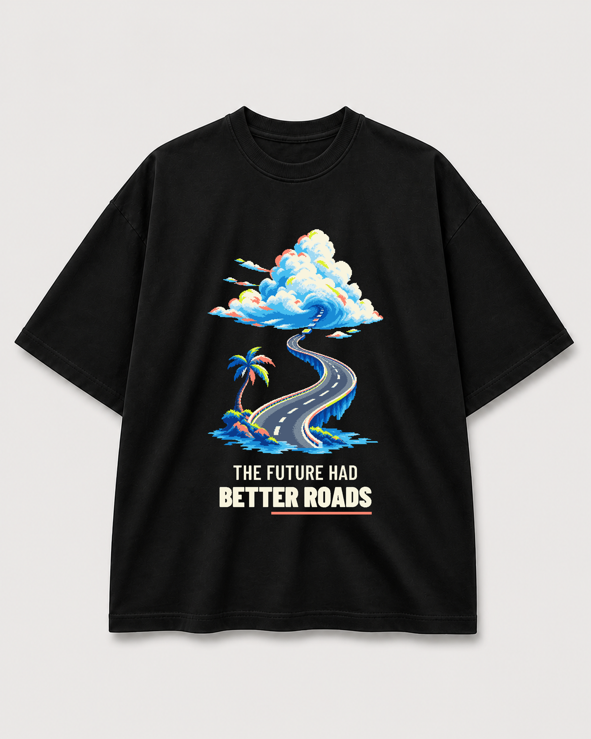 Front view of the Black The Future Had Better Roads Tee with the pixel-art coastal-road graphic.