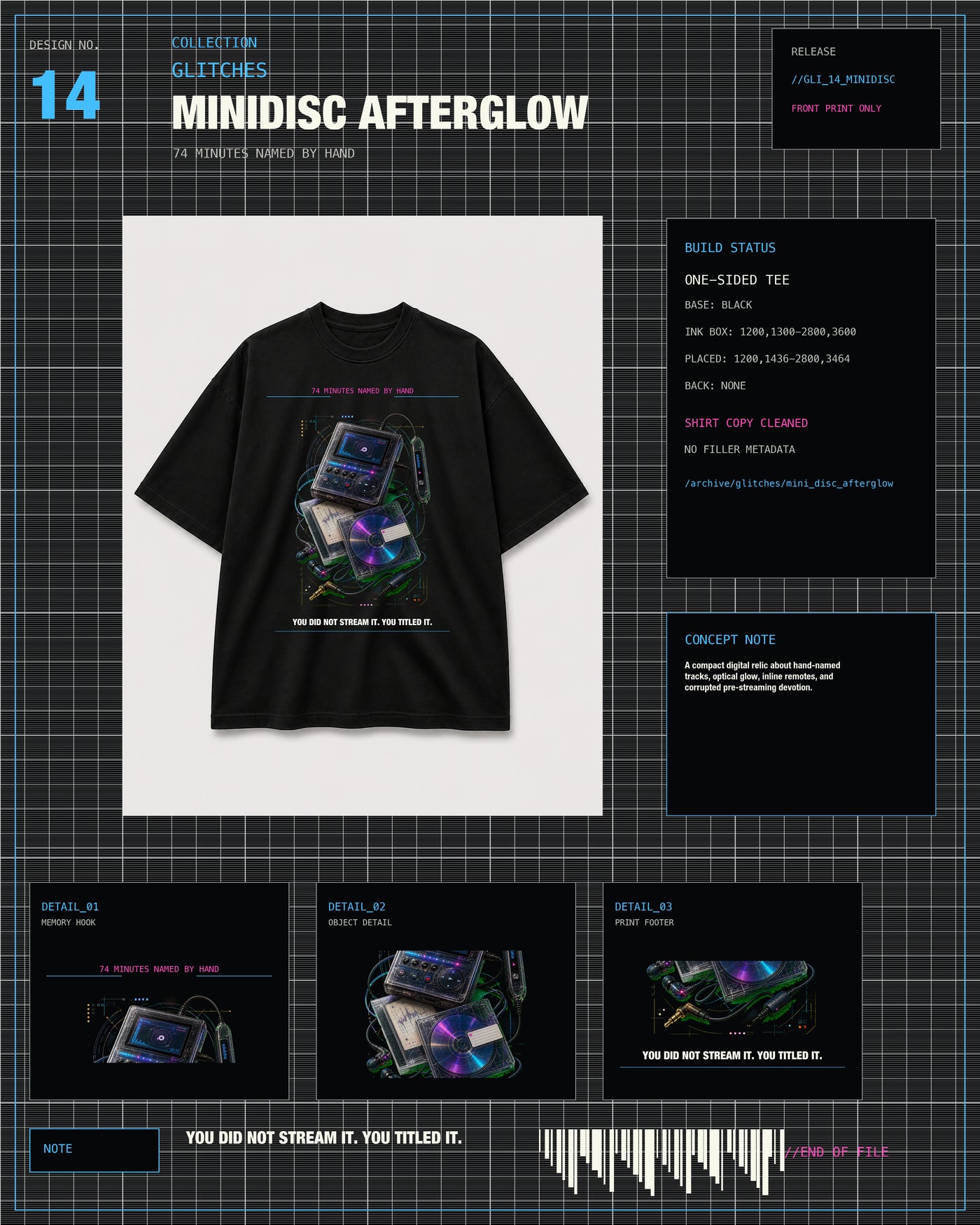 MiniDisc Afterglow Tee GLITCHES archive card with black tee product layout