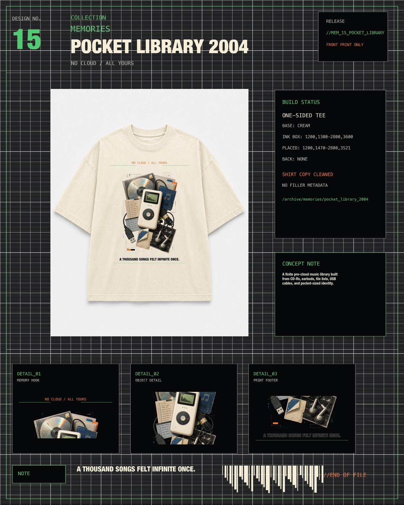 Pocket Library 2004 Tee MEMORIES archive card with cream tee product layout