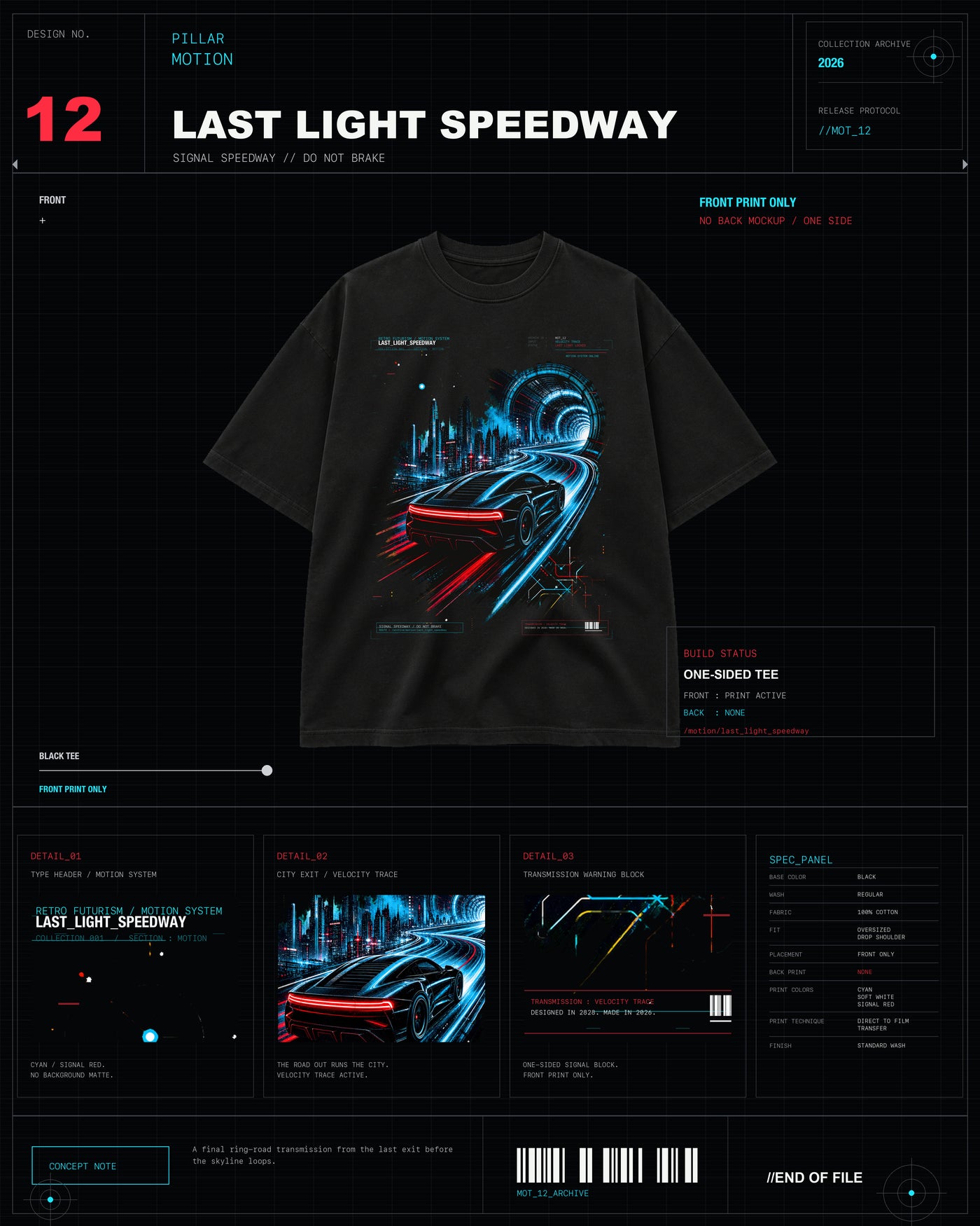 Last Light Speedway Tee black MOTION archive graphic tee with futuristic neon speedway car artwork