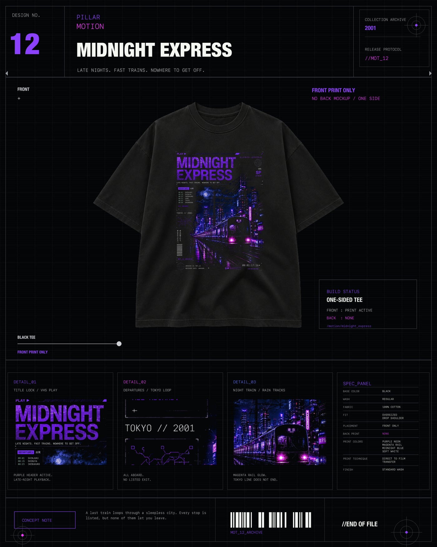 Midnight Express Tee black MOTION archive graphic tee with purple Tokyo midnight train artwork