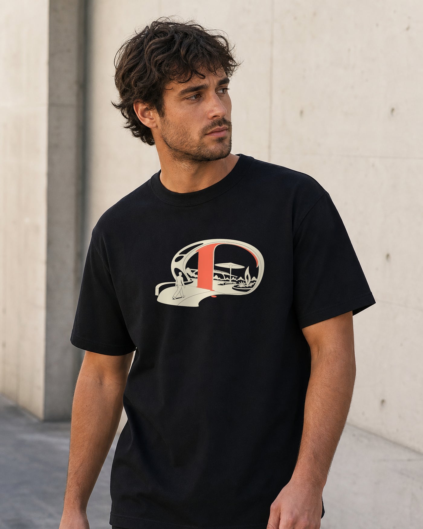 Model wearing the Utopia Pending Tee in Black, front view