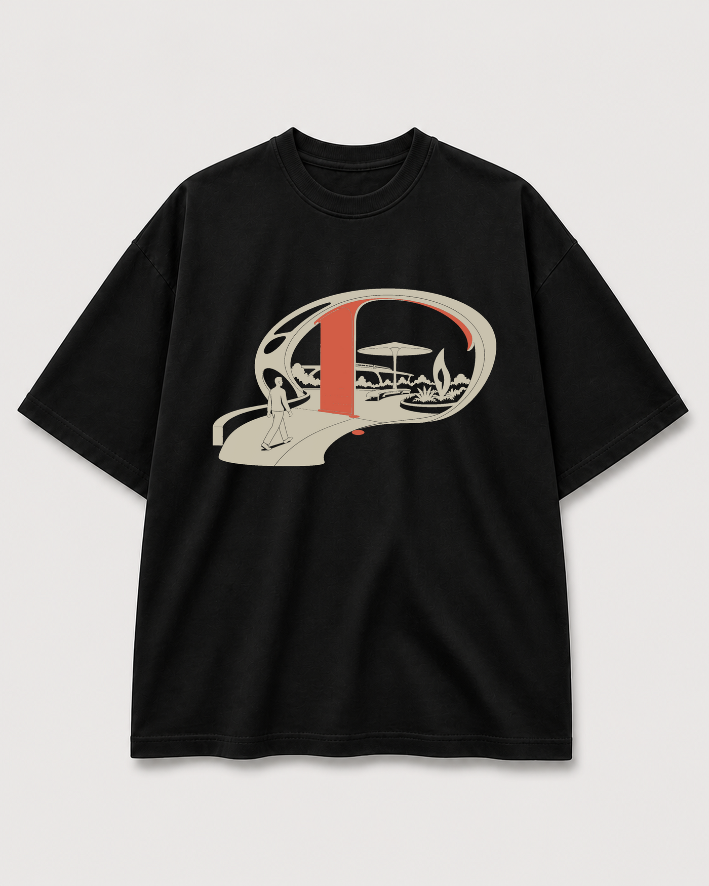 Utopia Pending Tee Black front product view with sky garden gate artwork