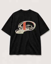 Utopia Pending Tee Black front product view with sky garden gate artwork