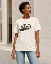 Model wearing the Utopia Pending Tee in Cream, front view