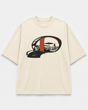Utopia Pending Tee Cream front product view with sky garden gate artwork