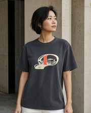 Model wearing the Utopia Pending Tee in Shadow, front view