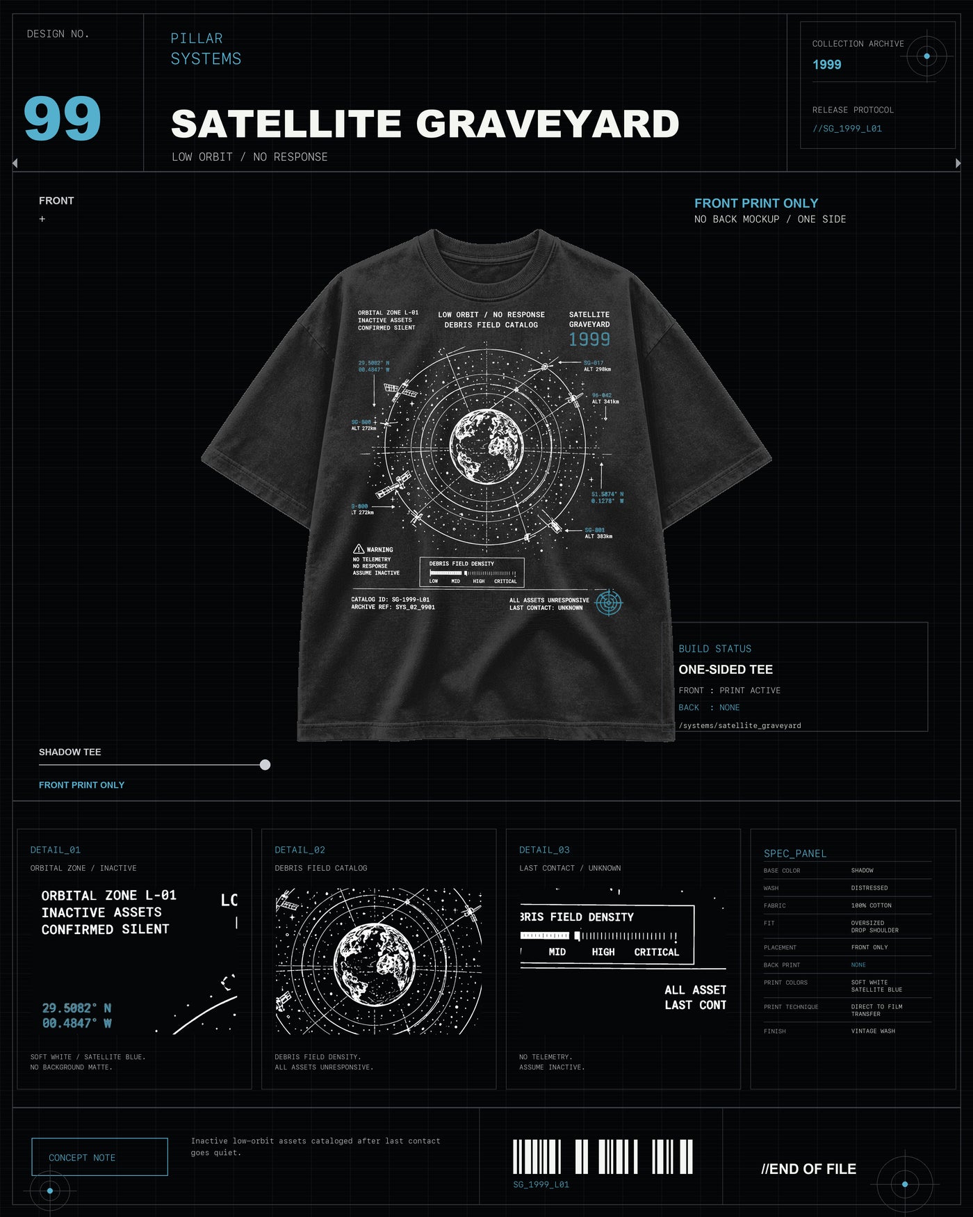 Satellite Graveyard Tee shadow SYSTEMS archive graphic tee with orbital debris and satellite linework