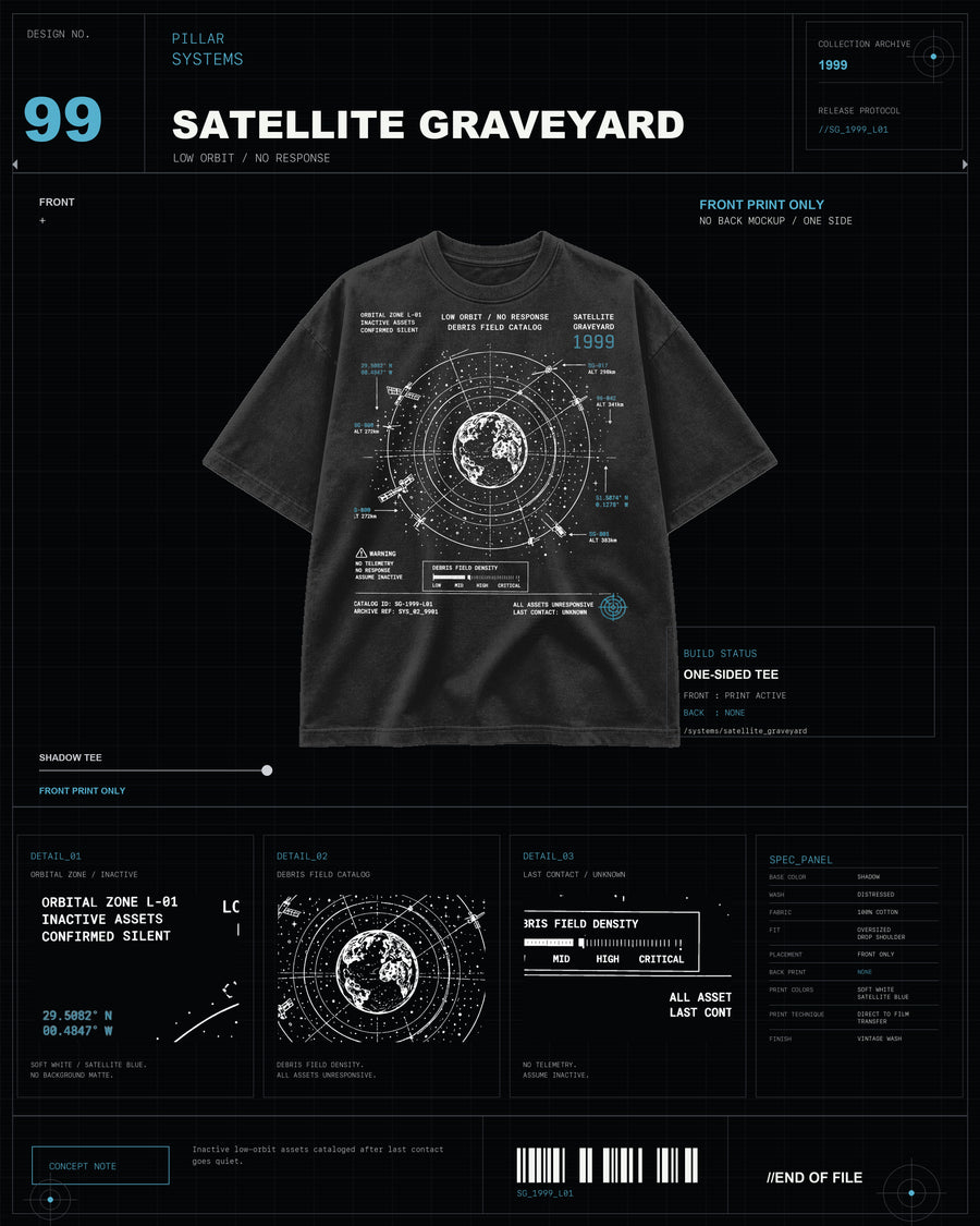 Satellite Graveyard Tee shadow SYSTEMS archive graphic tee with orbital debris and satellite linework