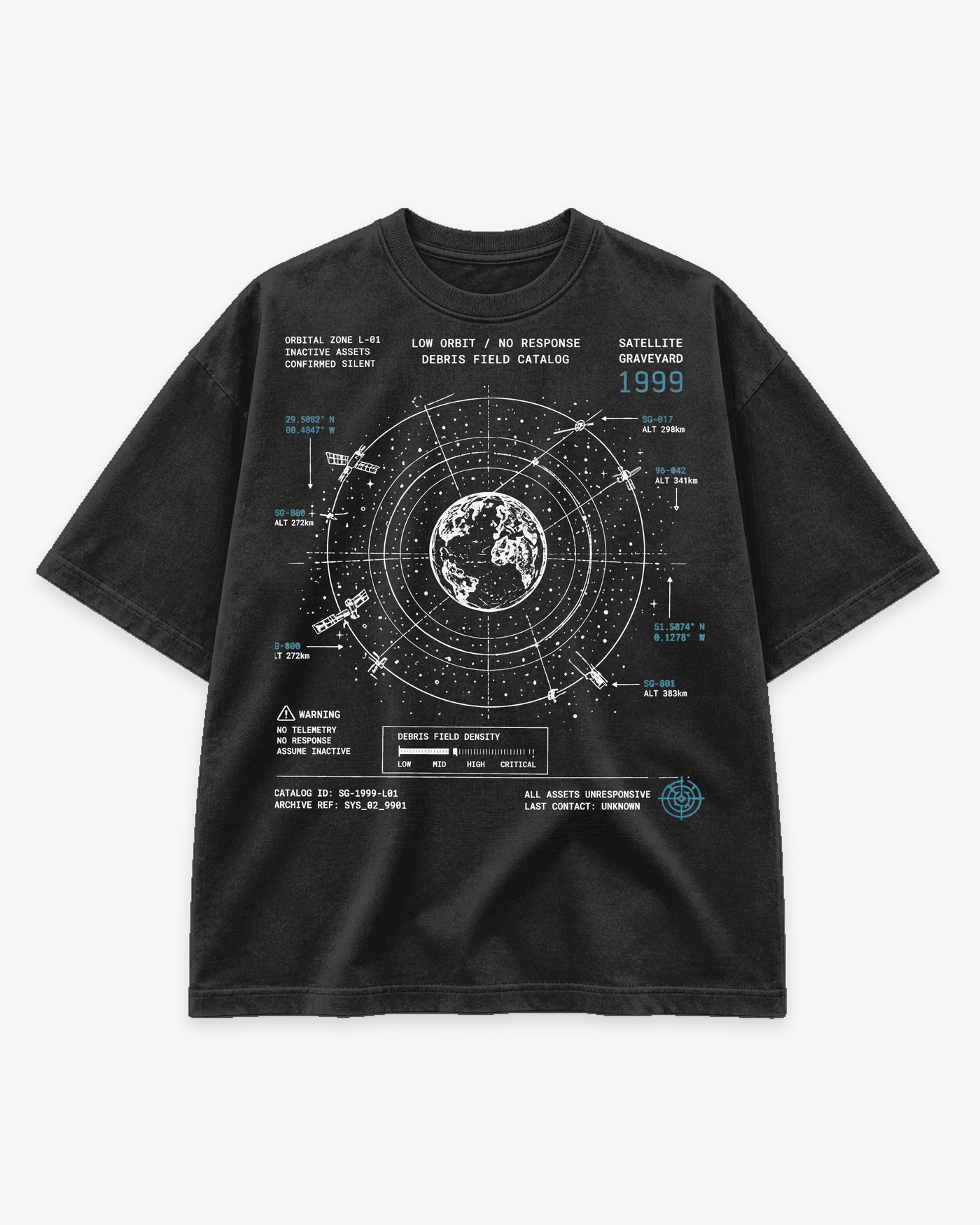 Satellite Graveyard Tee shadow SYSTEMS archive graphic tee with orbital debris and satellite linework