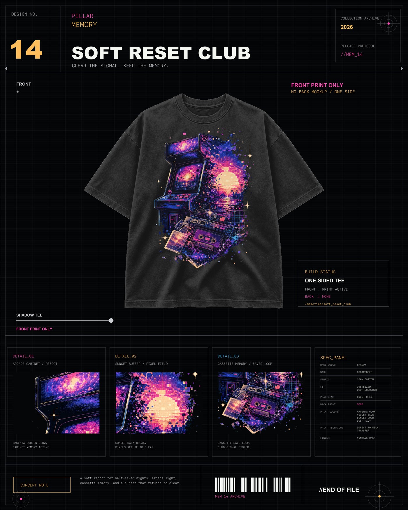 Soft Reset Club Tee MEMORIES arcade graphic tee with cassette, pixel sunset, and neon nostalgia artwork
