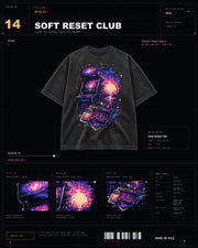 Soft Reset Club Tee MEMORIES arcade graphic tee with cassette, pixel sunset, and neon nostalgia artwork