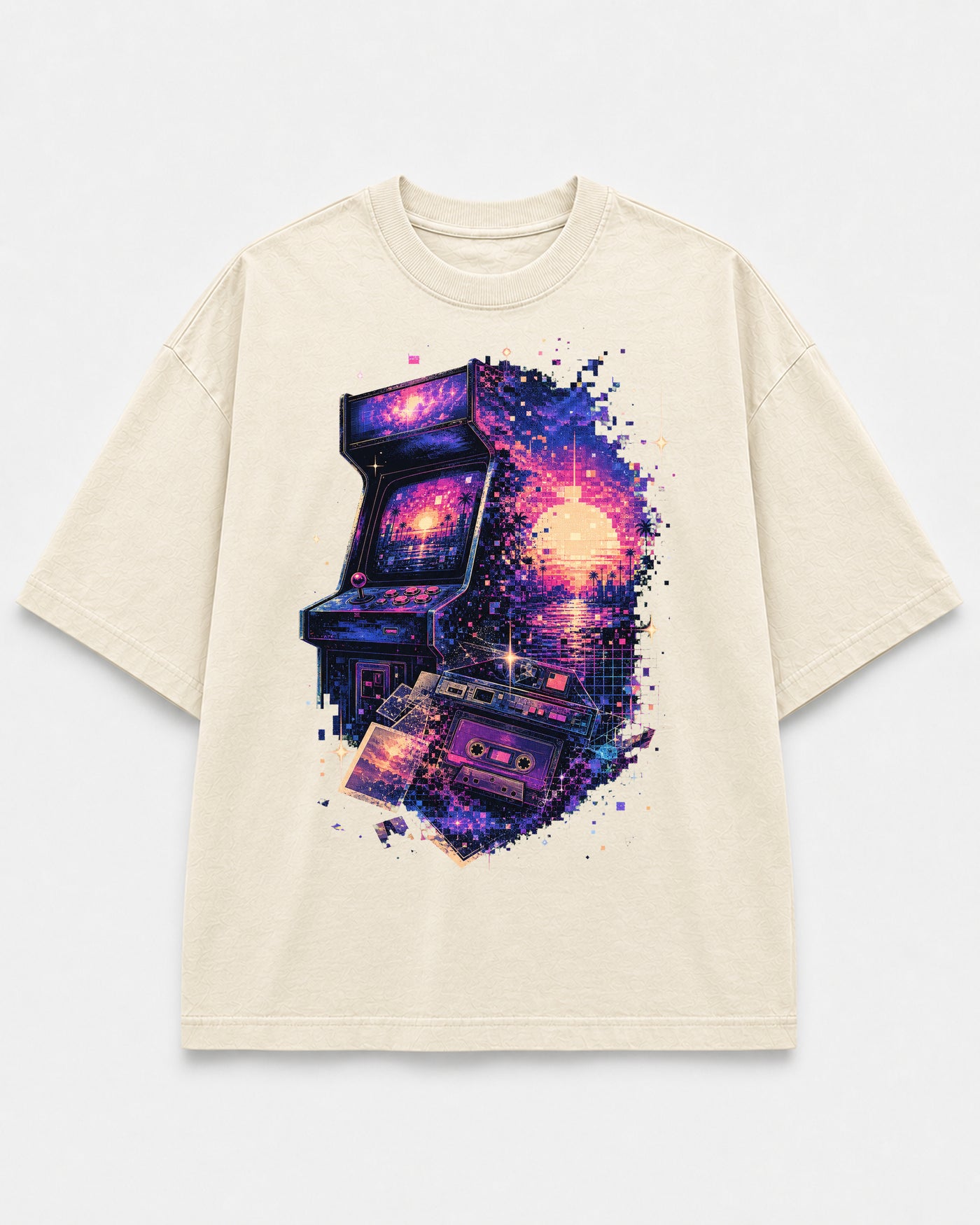 Soft Reset Club Tee MEMORIES arcade graphic tee with cassette, pixel sunset, and neon nostalgia artwork