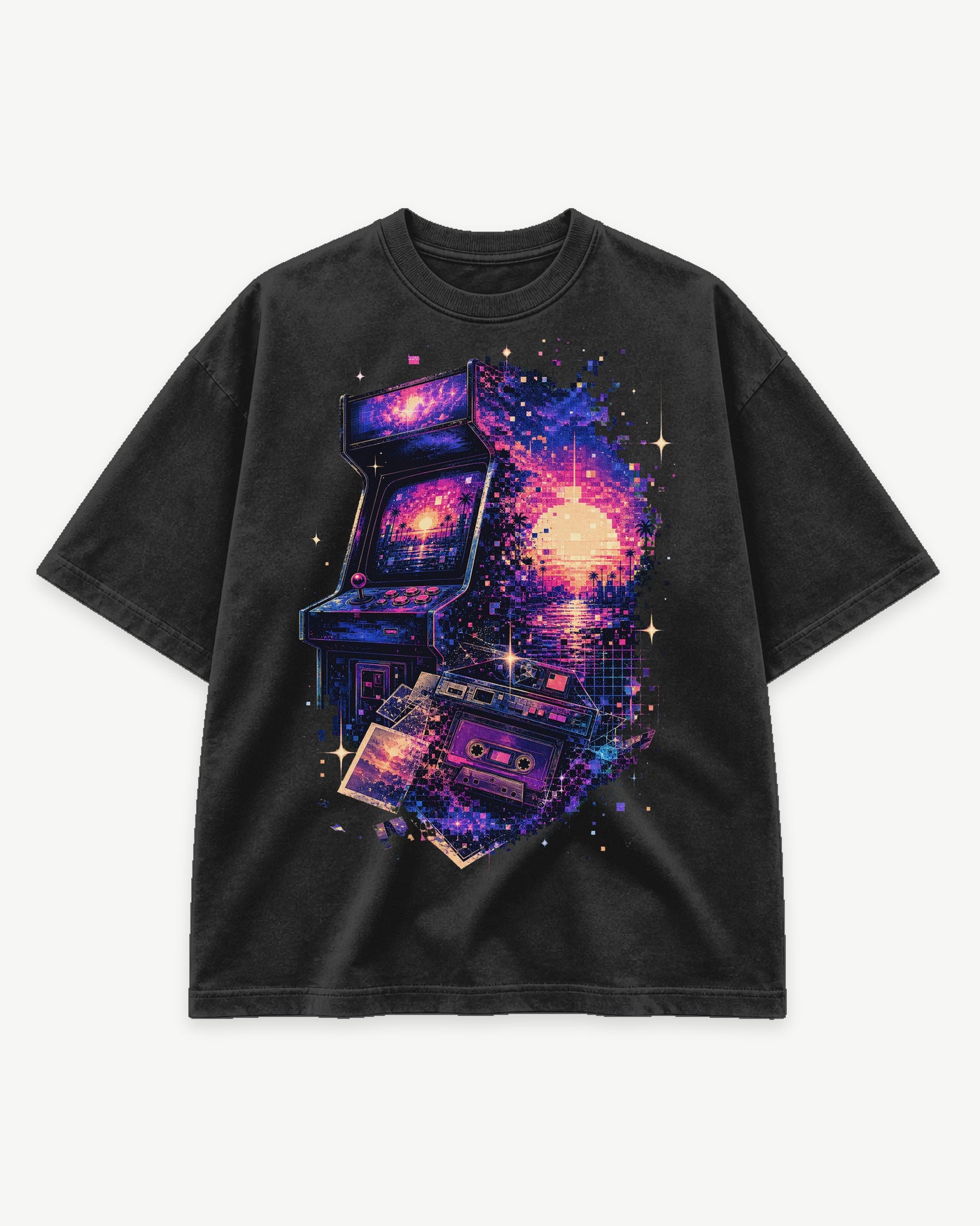 Soft Reset Club Tee MEMORIES arcade graphic tee with cassette, pixel sunset, and neon nostalgia artwork