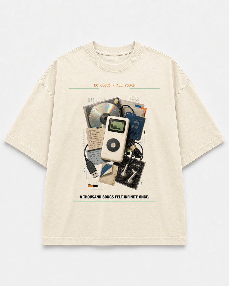 Pocket Library 2004 Tee cream front mockup with early MP3 player and pre-cloud music archive artwork