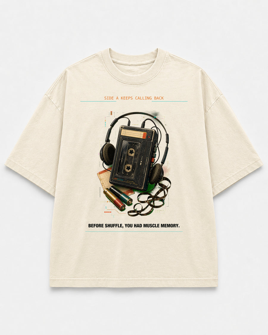 Auto Reverse Memory Tee cream front mockup with cassette player and headphones artwork