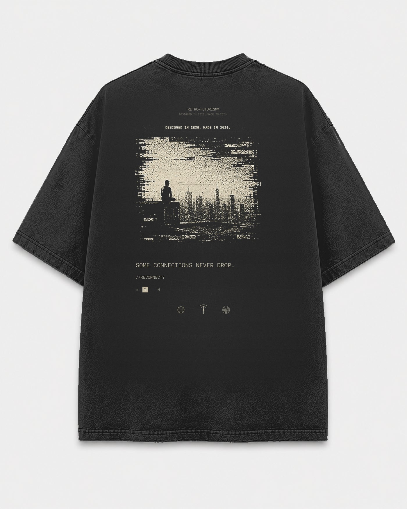 The Signal Tee Shadow back mockup with never-forgotten archive memory print