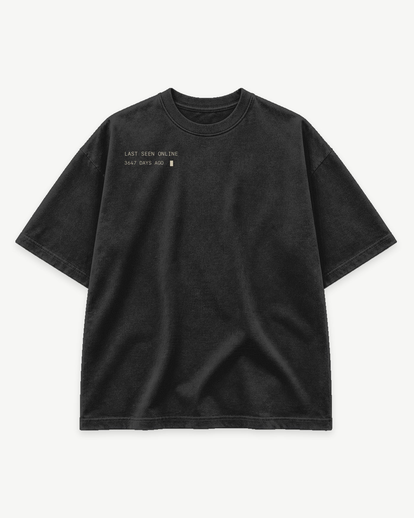 The Signal Tee Shadow front mockup with small last-seen chest signal