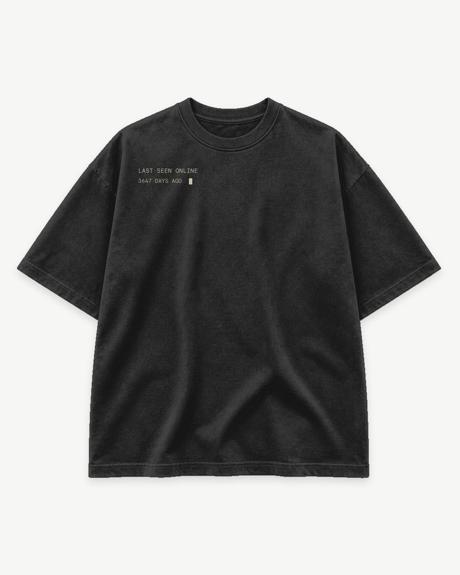 The Signal Tee Shadow front mockup with small last-seen chest signal
