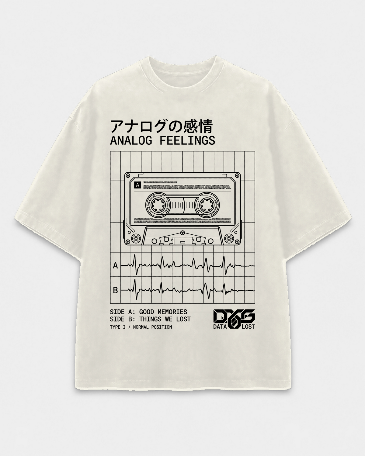 Analog Feelings Tee front graphic with cassette deck linework and analog controls