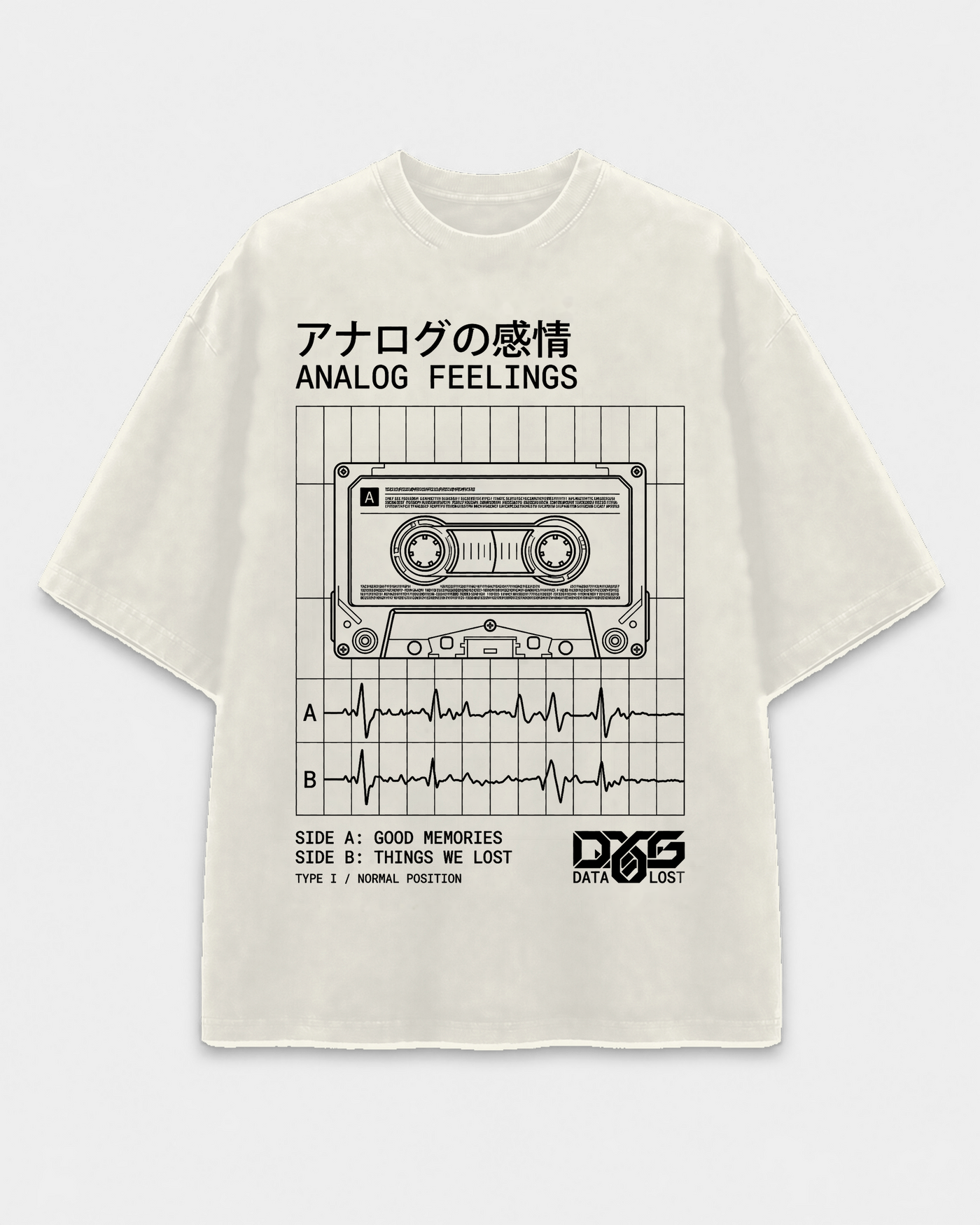 Analog Feelings Tee front graphic with cassette deck linework and analog controls