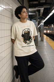 Auto Reverse Memory Tee model wearing the Cream graphic tee