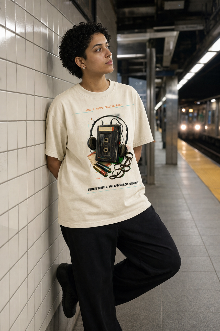 Auto Reverse Memory Tee model wearing the Cream graphic tee