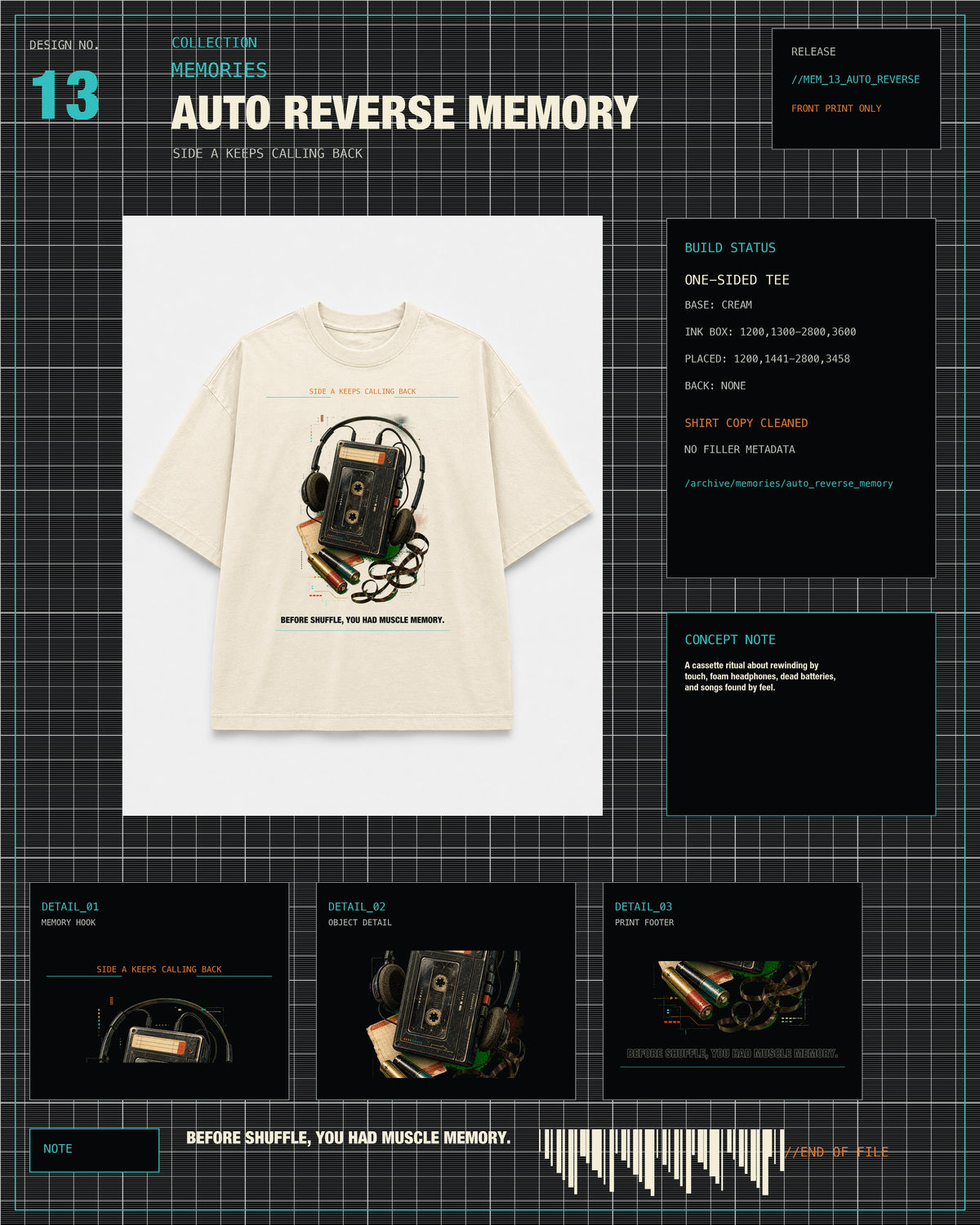 Auto Reverse Memory Tee MEMORIES archive card with cream tee product layout