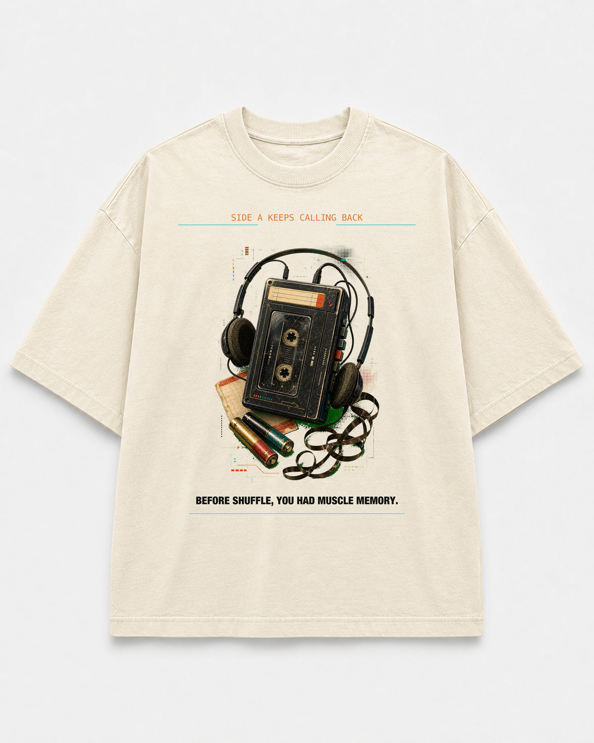 Auto Reverse Memory Tee cream front mockup with cassette player and headphones artwork