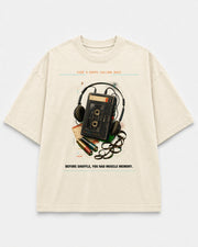 Auto Reverse Memory Tee cream front mockup with cassette player and headphones artwork