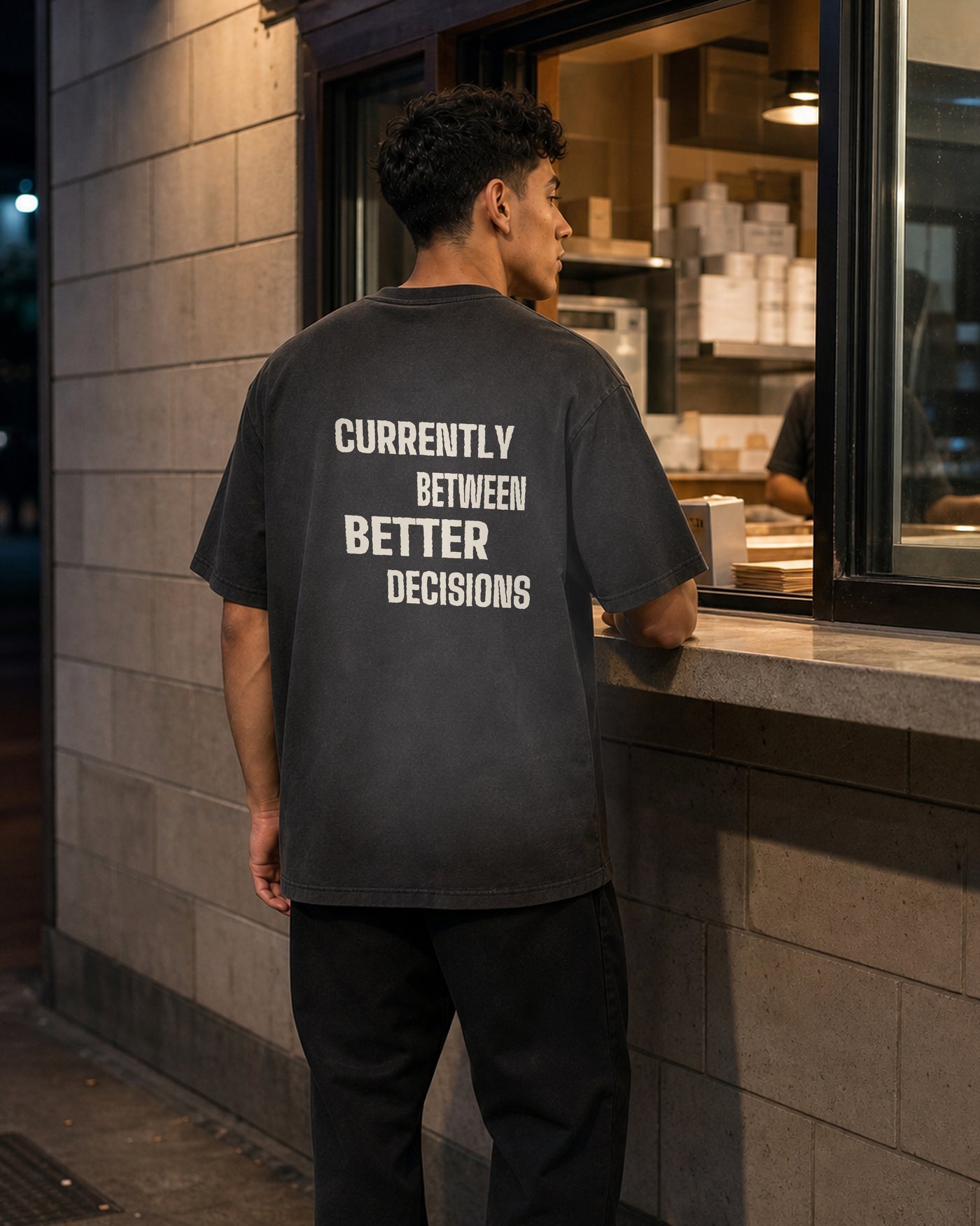 Between Better Decisions Tee rear model view in Shadow