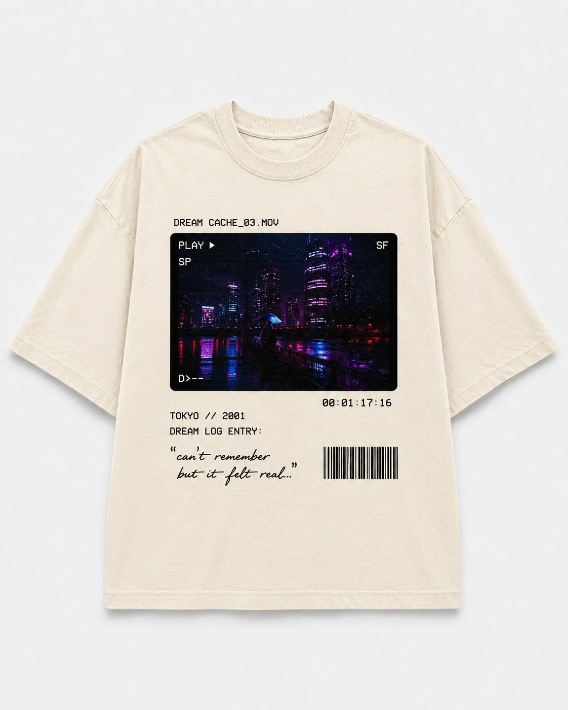 Dream Cache Tee front graphic with timestamp dream-file and neon city details
