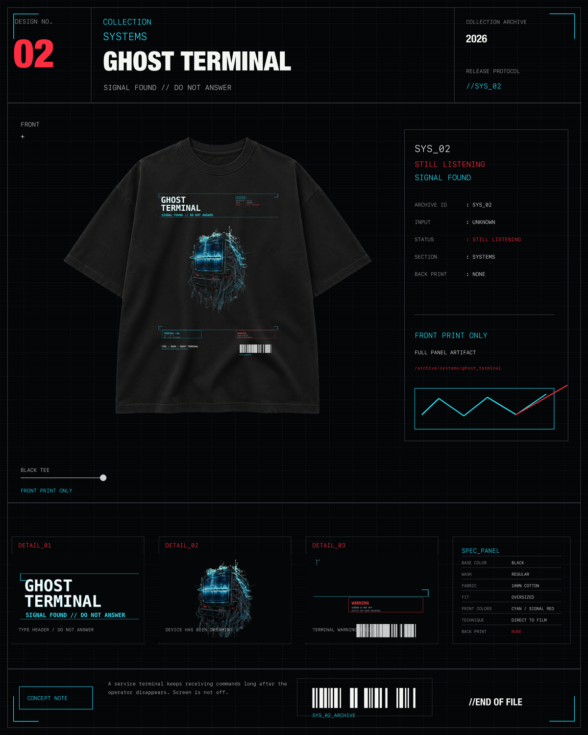 Ghost Terminal Tee SYSTEMS archive card with black tee product layout