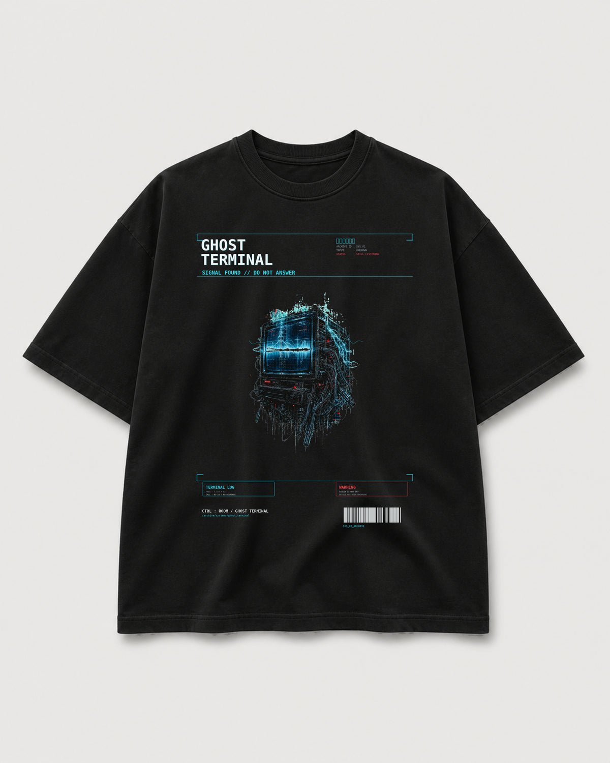 Ghost Terminal Tee black SYSTEMS archive graphic tee with cyan haunted monitor artwork