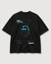 Ghost Terminal Tee black SYSTEMS archive graphic tee with cyan haunted monitor artwork