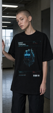 Ghost Terminal Tee model wearing the Black graphic tee