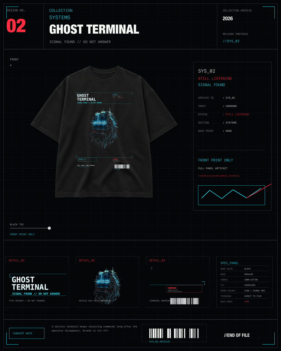 Ghost Terminal Tee black SYSTEMS archive graphic tee with cyan haunted monitor artwork