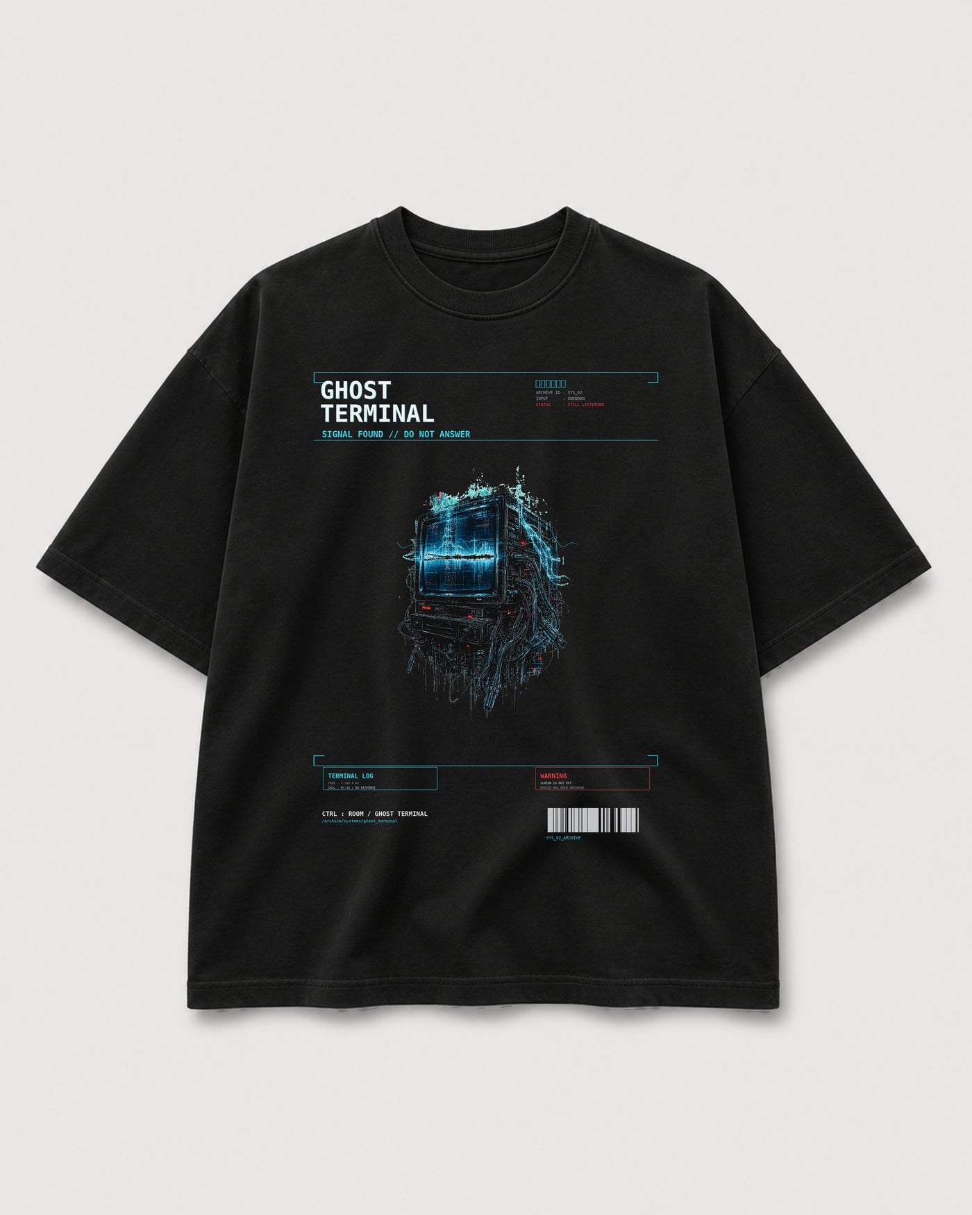 Ghost Terminal Tee black SYSTEMS archive graphic tee with cyan haunted monitor artwork